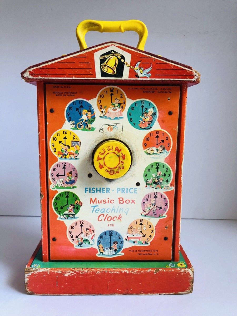 FISHER PRICE: Music Box Teaching Clock, Vintage toy, Rare