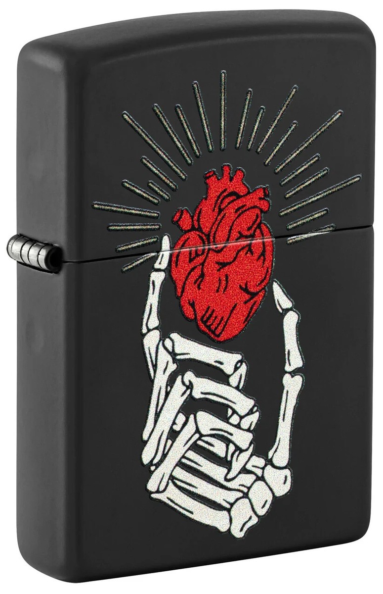 Zippo 46469, Skeletal Hand and Red Heart Design, Black Matte