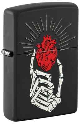Zippo 46469, Skeletal Hand and Red Heart Design, Black Matte