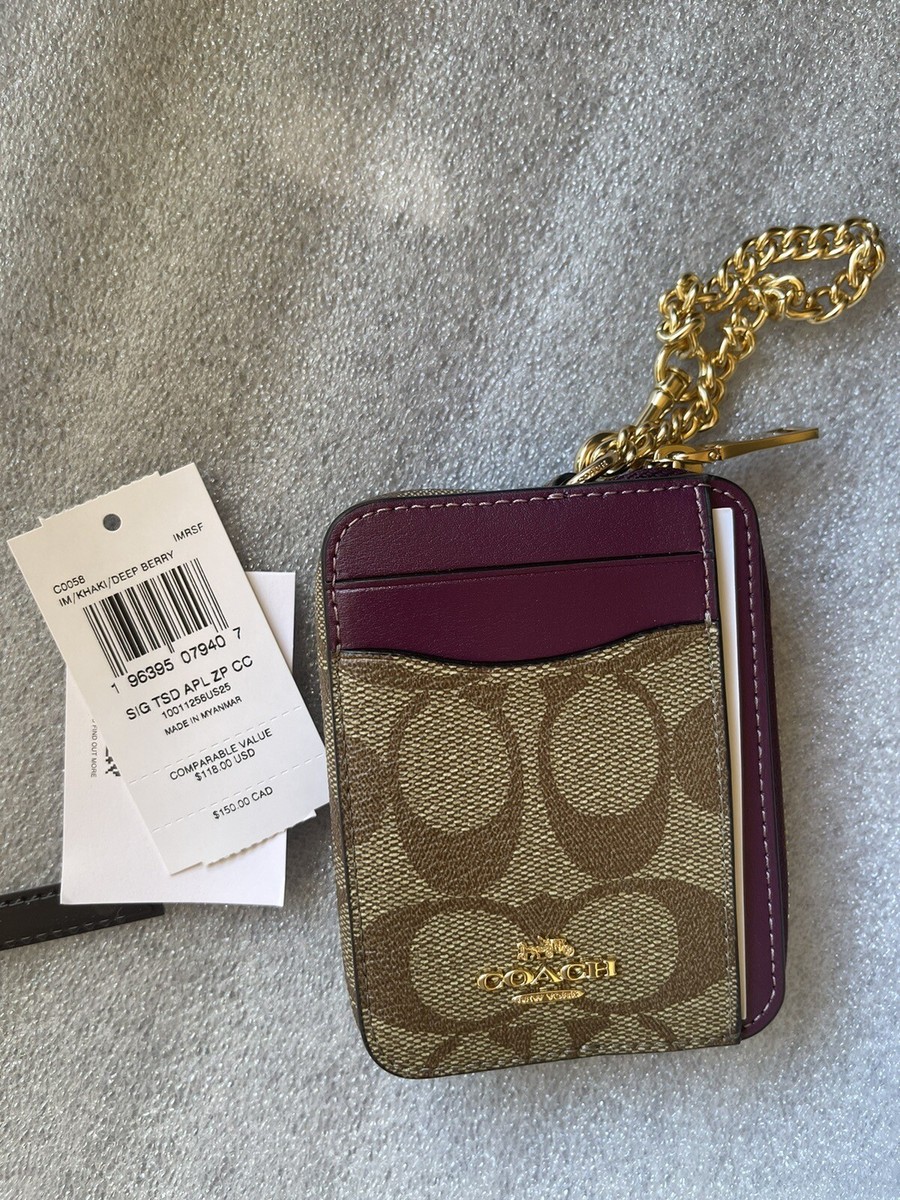 Coach - Zip Card Case - Khaki Signature Canvas / Deep Berry