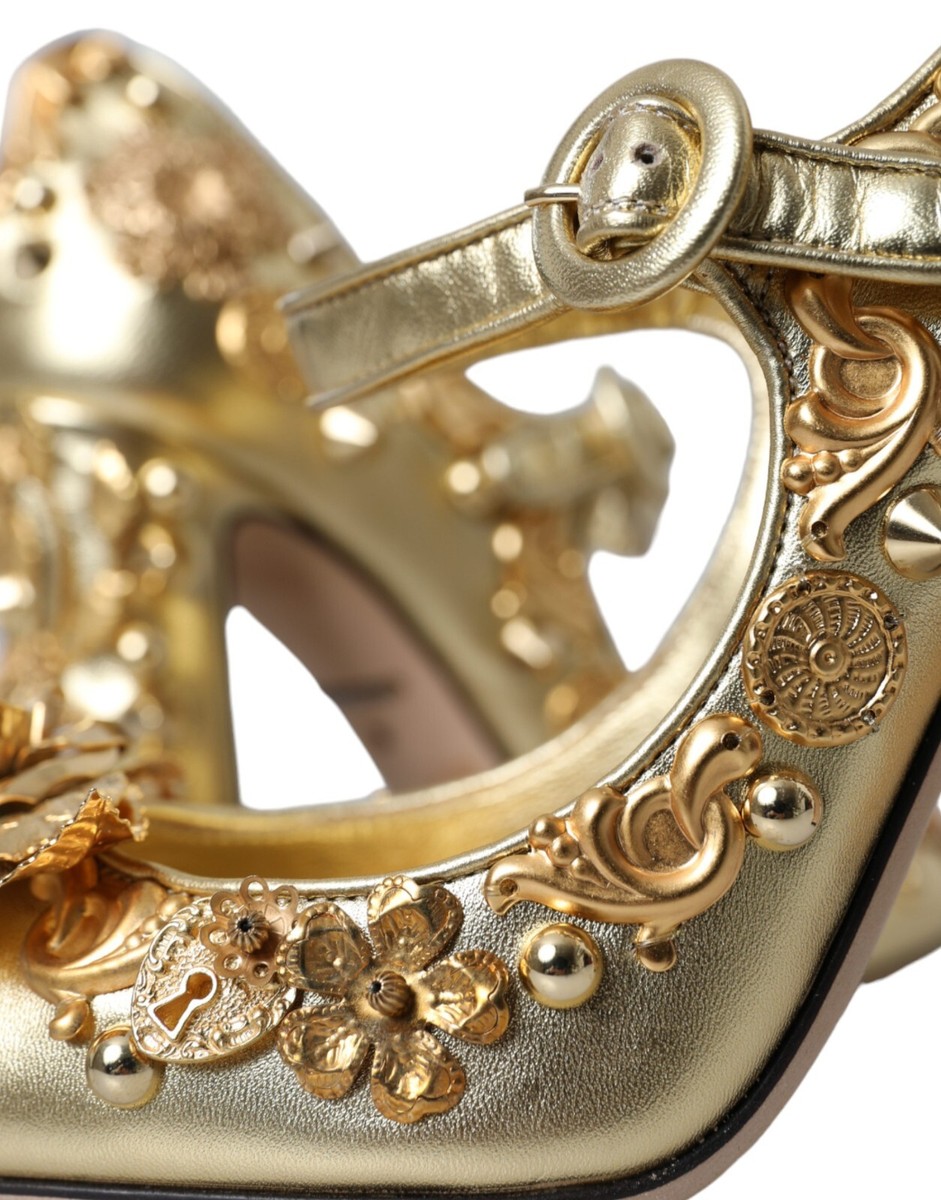 DOLCE & GABBANA Shoes Gold Leather Crystal Mary Janes Pumps EU36