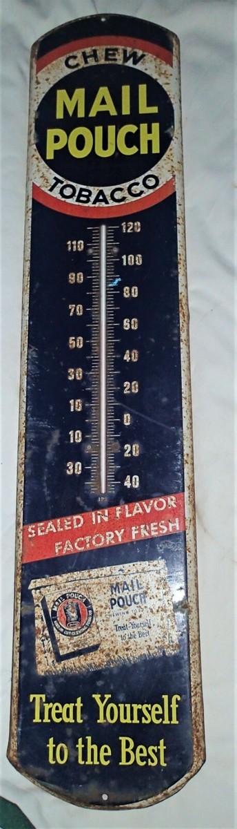 ANTIQUE USA MAIL POUCH TOBACCO THERMOMETER CIGARETTES METAL TIN