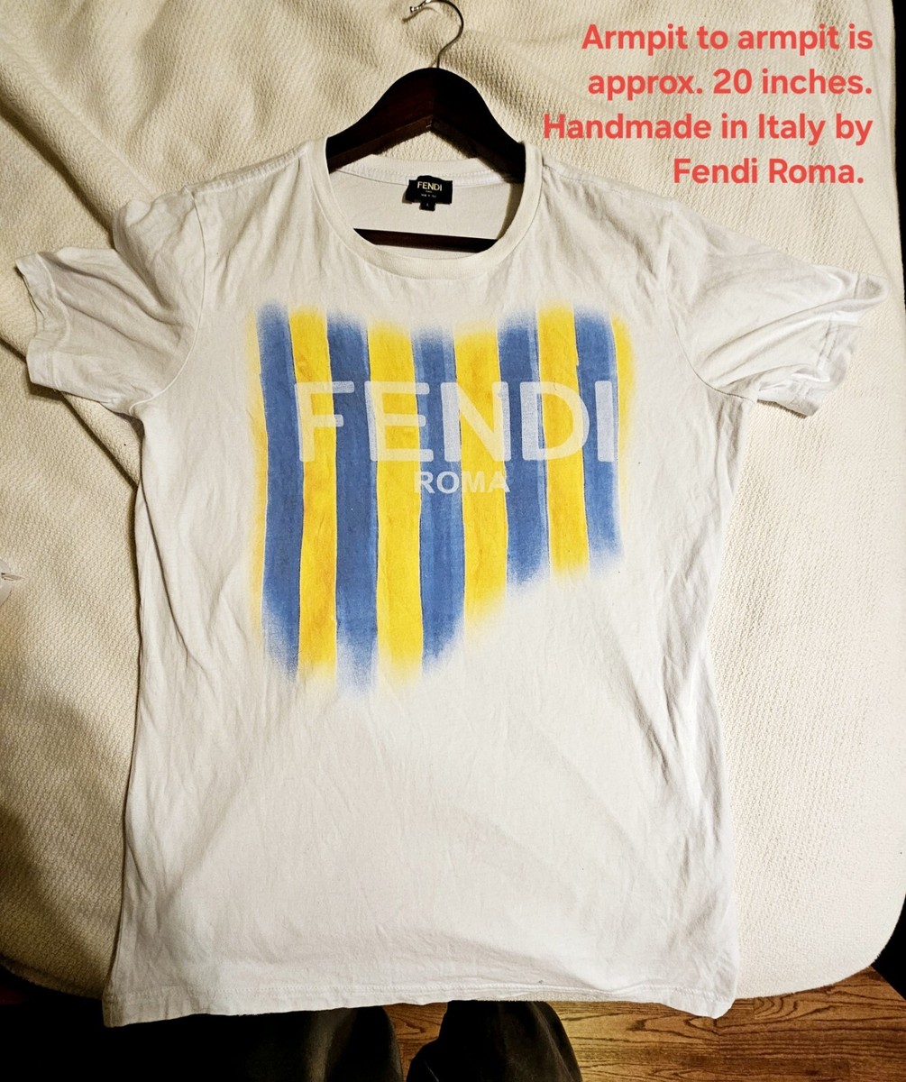 Fendi Roma White W/Blue & Yellow Logo Print Cotton T-shirt