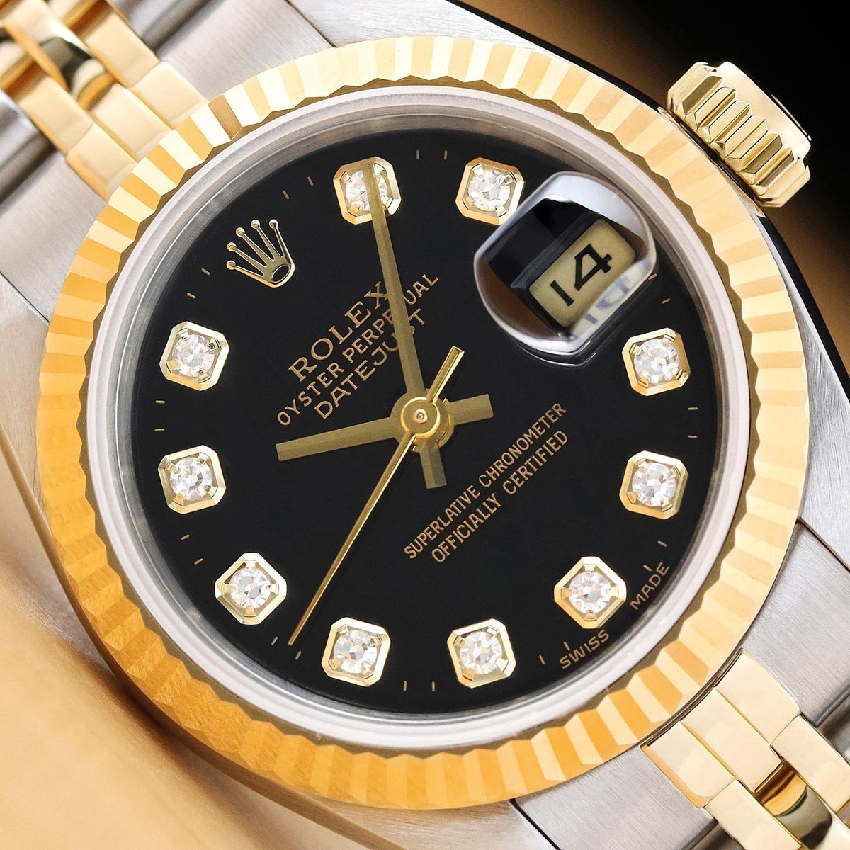ROLEX LADIES DATEJUST 69173 BLACK FACTORY DIAMOND DIAL 18K GOLD