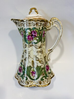 美品】オールドニッポン 約24cm 金盛り 花紋 チョコレートポット