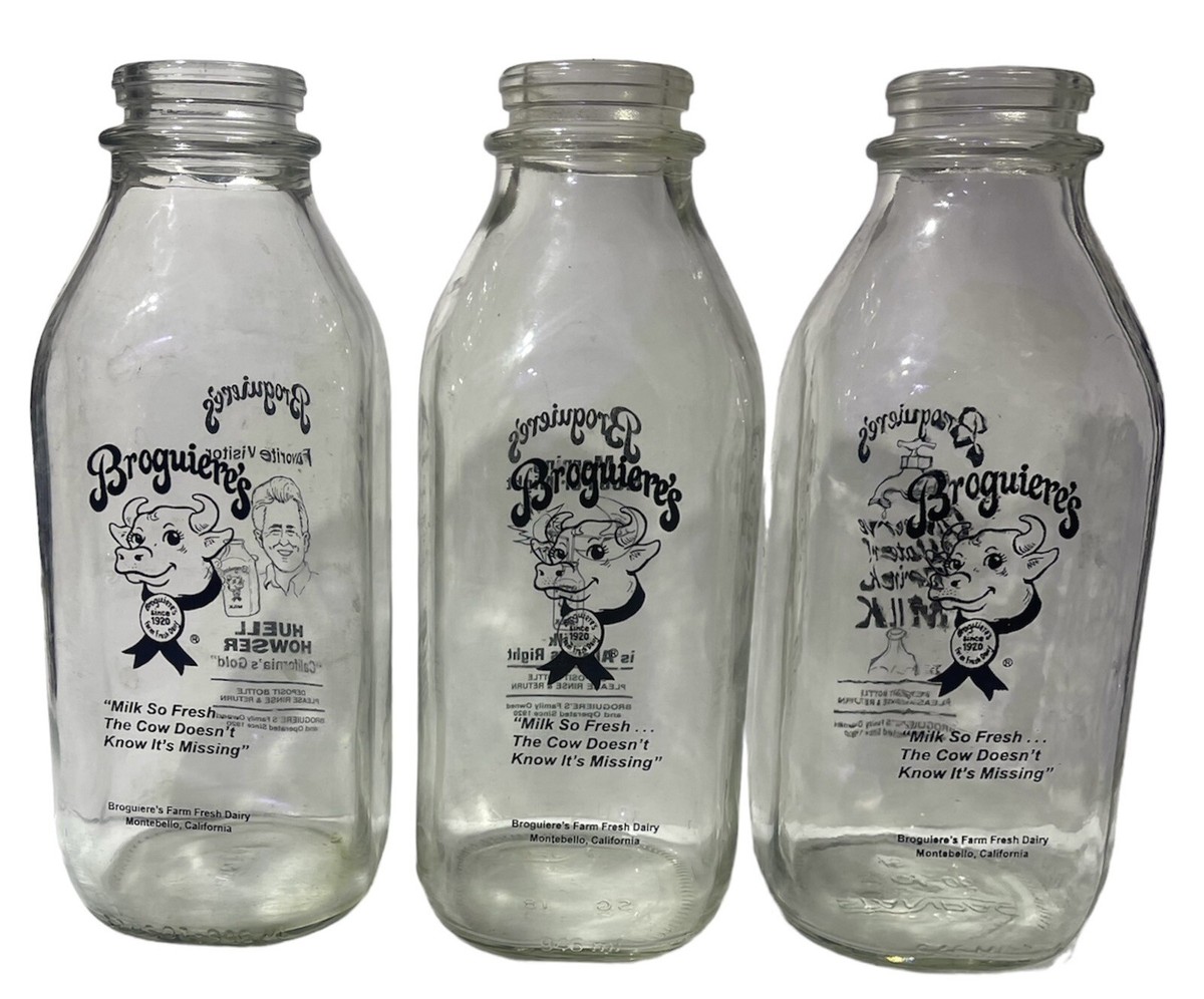 Lot of 3 Broguiere's 32 Oz/Quart Milk Bottles Huell Howser Milk is