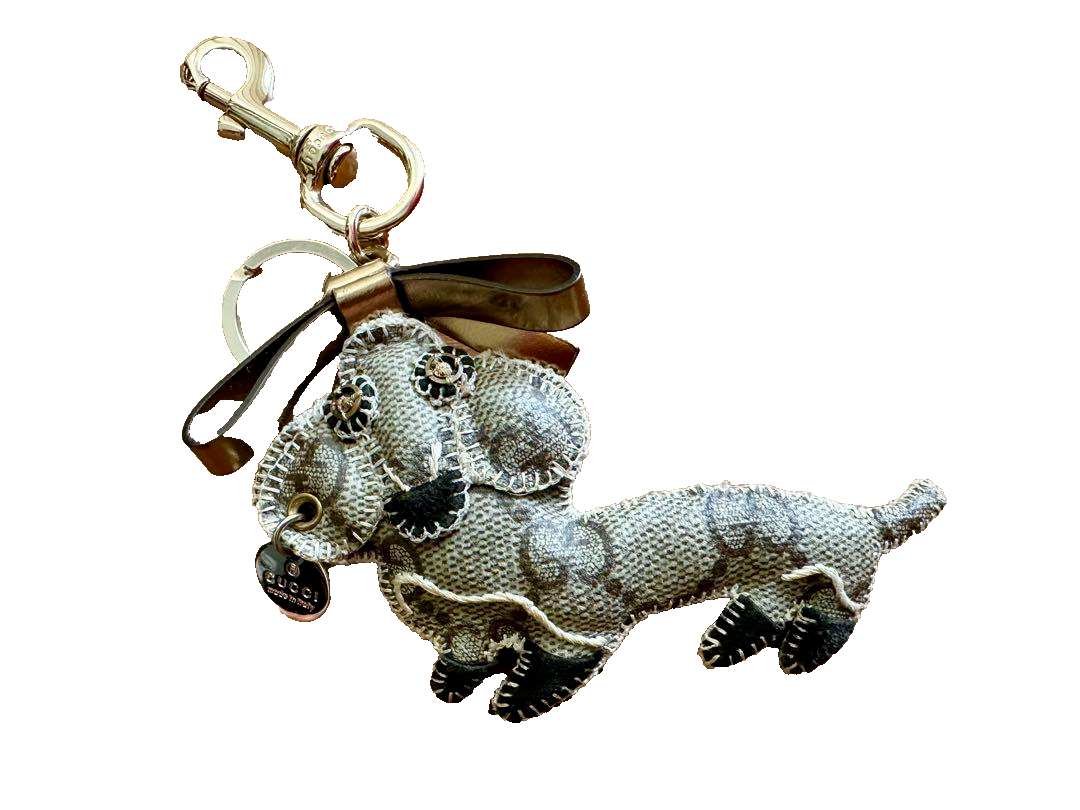 GUCCI Guccioli Dachshund Artu Key Ring Bag Charm Dog Brown Leather