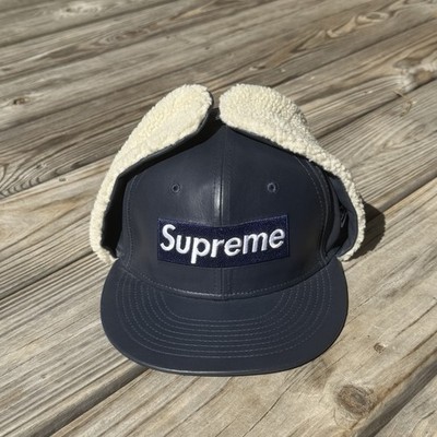 Supreme Leather Earflap Box Logo New Era Fitted Hat Navy 7 1/8 | eBay