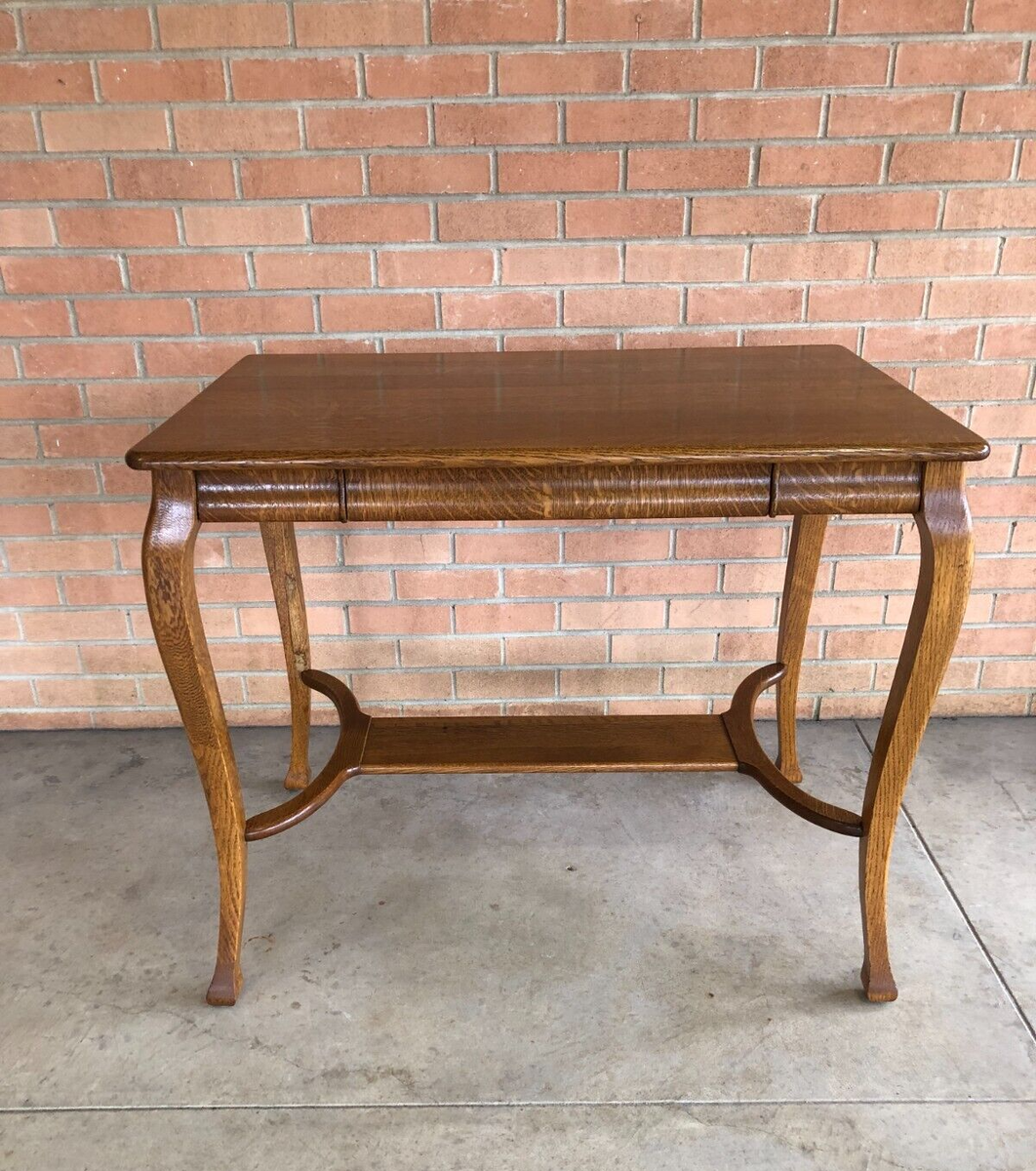 Antique Vintage Library Table Desk Oak Unique Stretcher Shelf