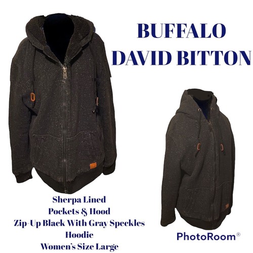 Buffalo David Bitton Zip-Up Sherpa Lined Hood Pockets Black/Gray
