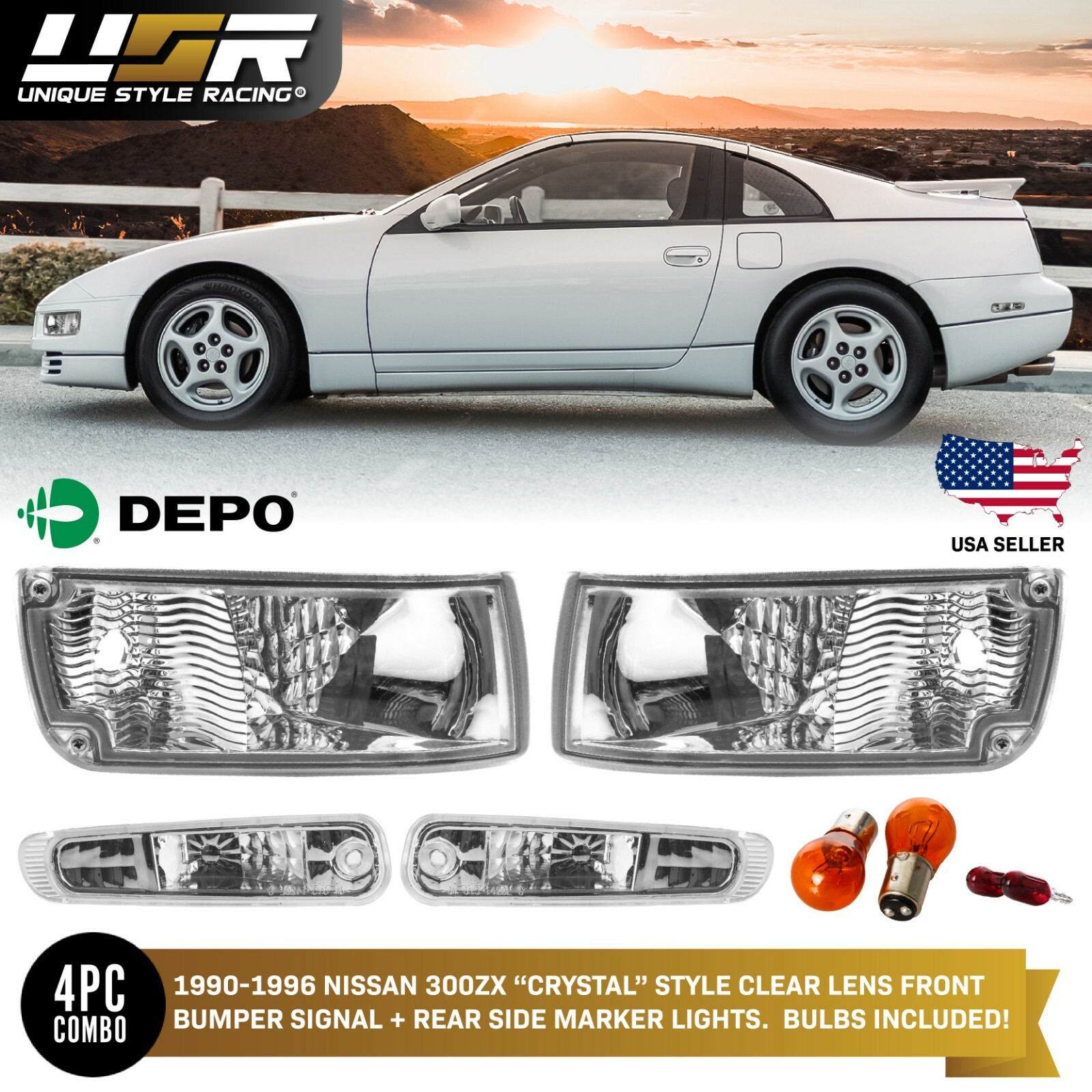 DEPO JDM Chrome Clear Bumper + Rear Side Markers For 1990-1996