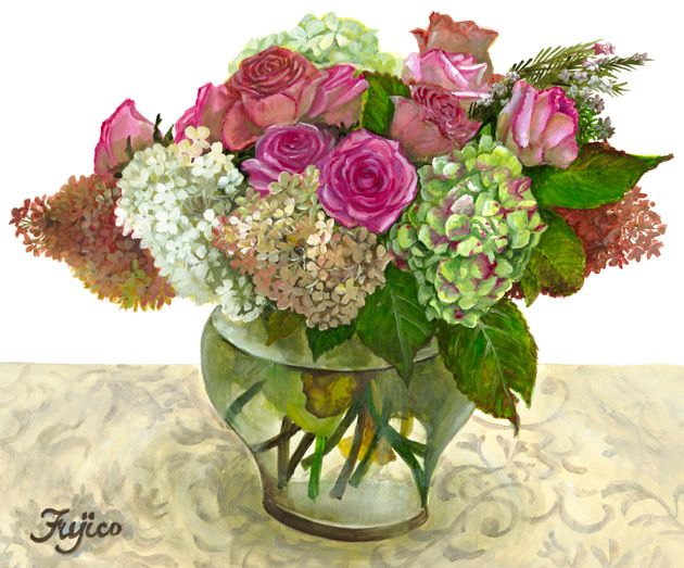 貴重な肉筆原画 橋本不二子「バラと苺(Wishing)」水彩画 直筆サイン入