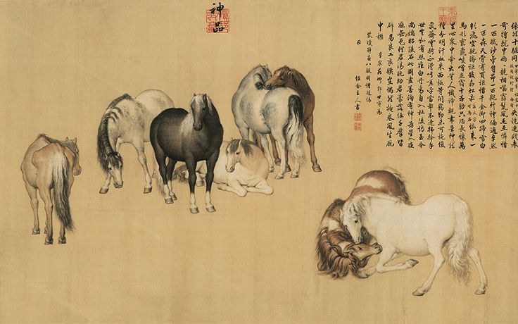 中国絵画 清国の国師絵家名家清時代郎世寧（最作)百駿図国画巻き絵