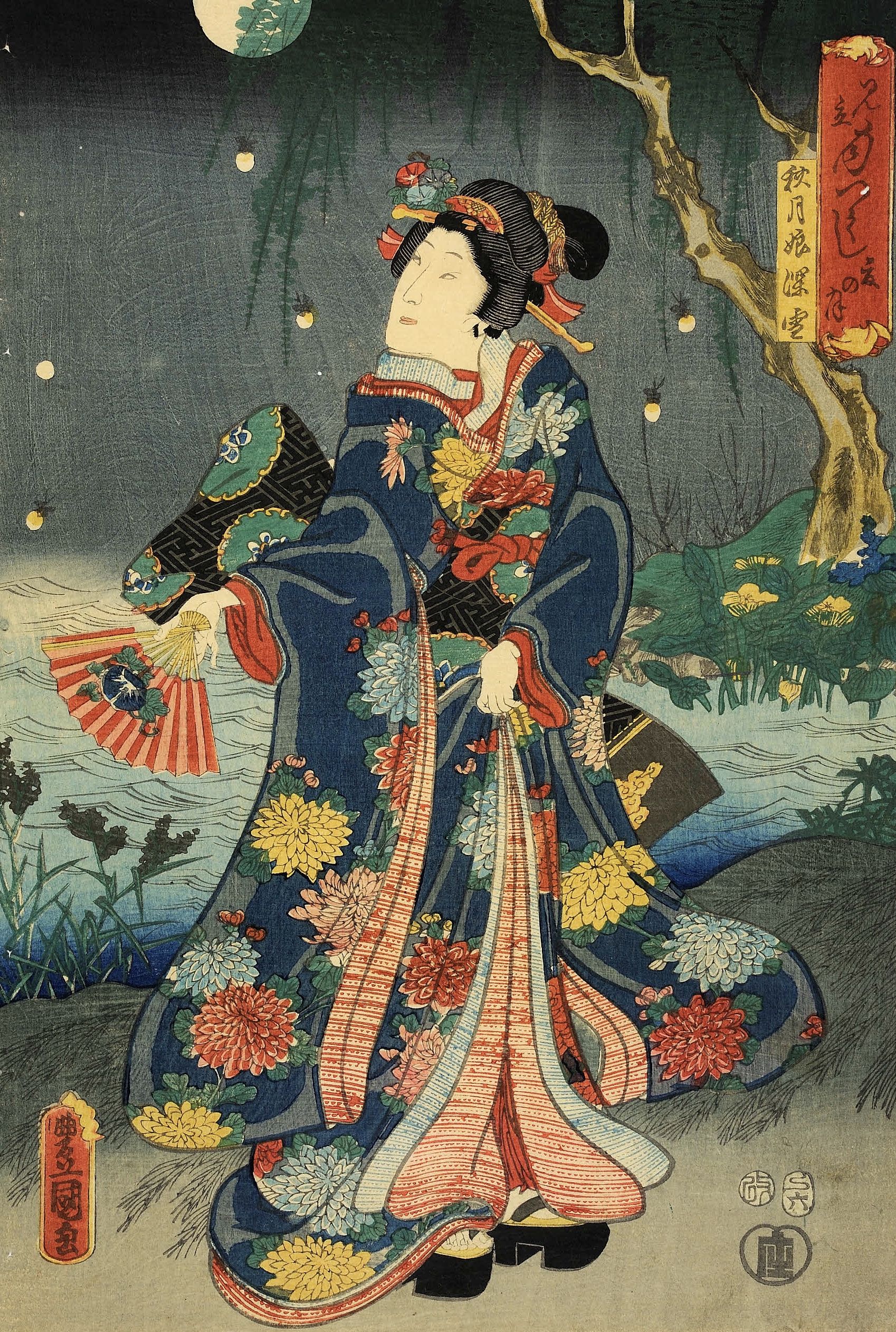 真作】江戸時代 歌川国貞（三代歌川豊国）木版画 )竪二枚続 美人画 掛軸