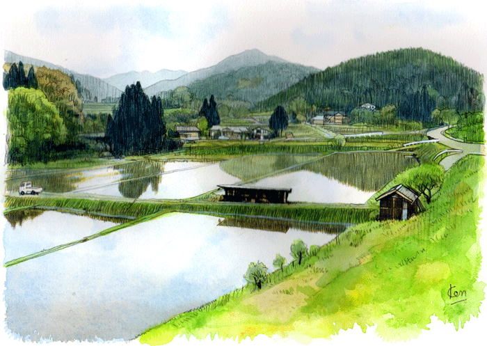 3軒の家の風景画（水彩画）（720×630） 3軒の家の