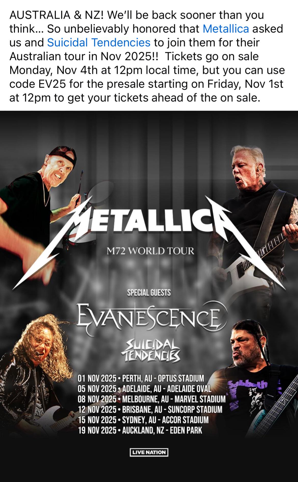 エヴァネッセンスとメタリカ楽しみにしてるオージーいる？ 2025年11月