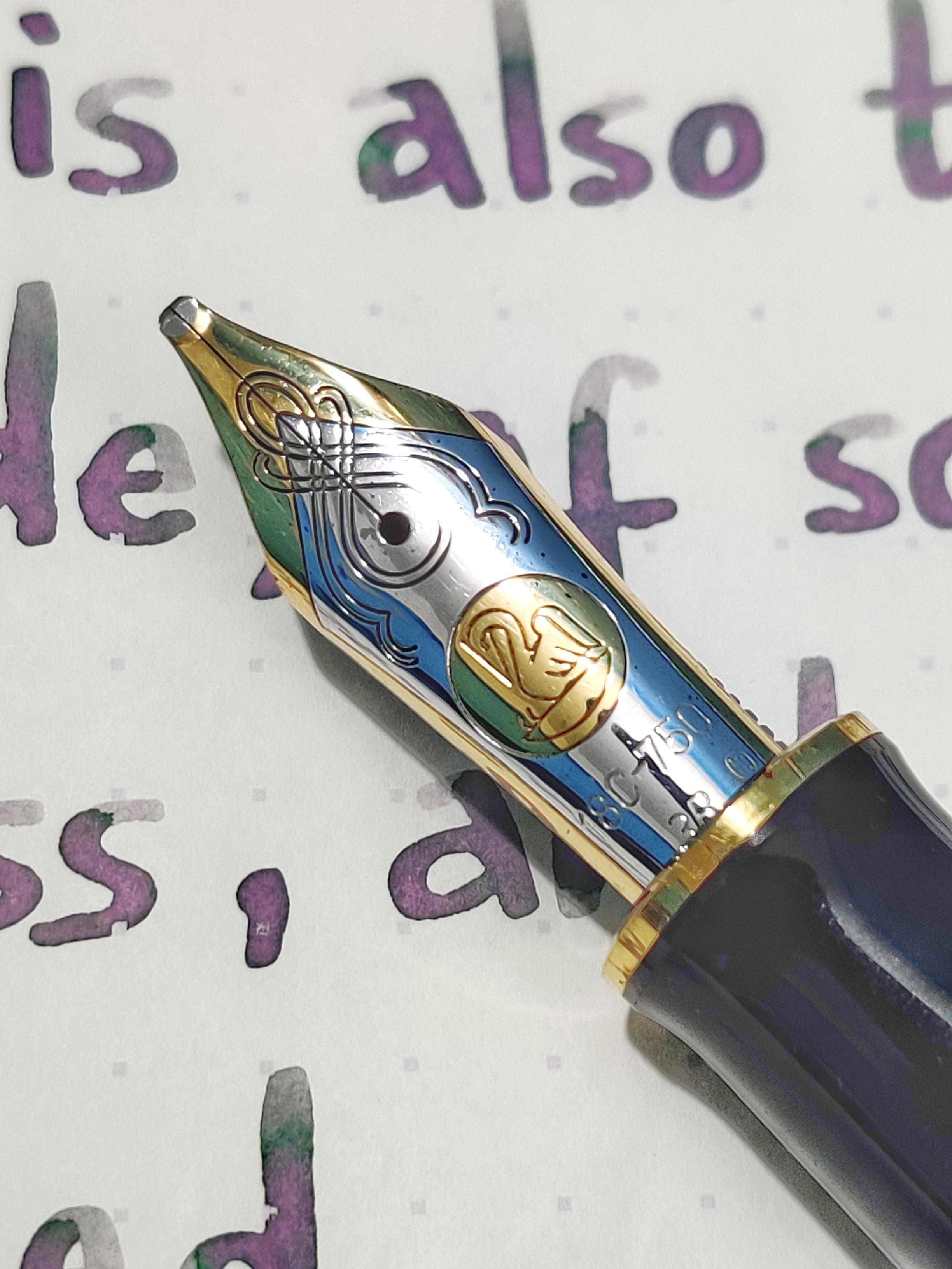 Pelikan M1000 2羽の3B PFニブ、Sailor 123の筆記サンプルを見下ろす