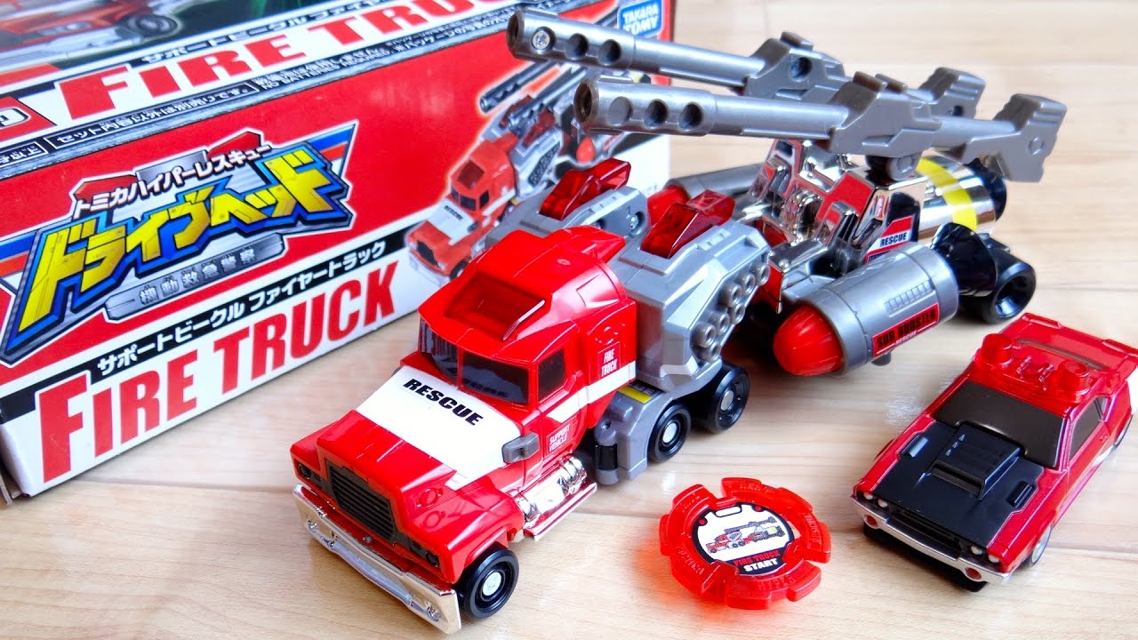 Combine with a truck to transform into a firefighter robot! Fire