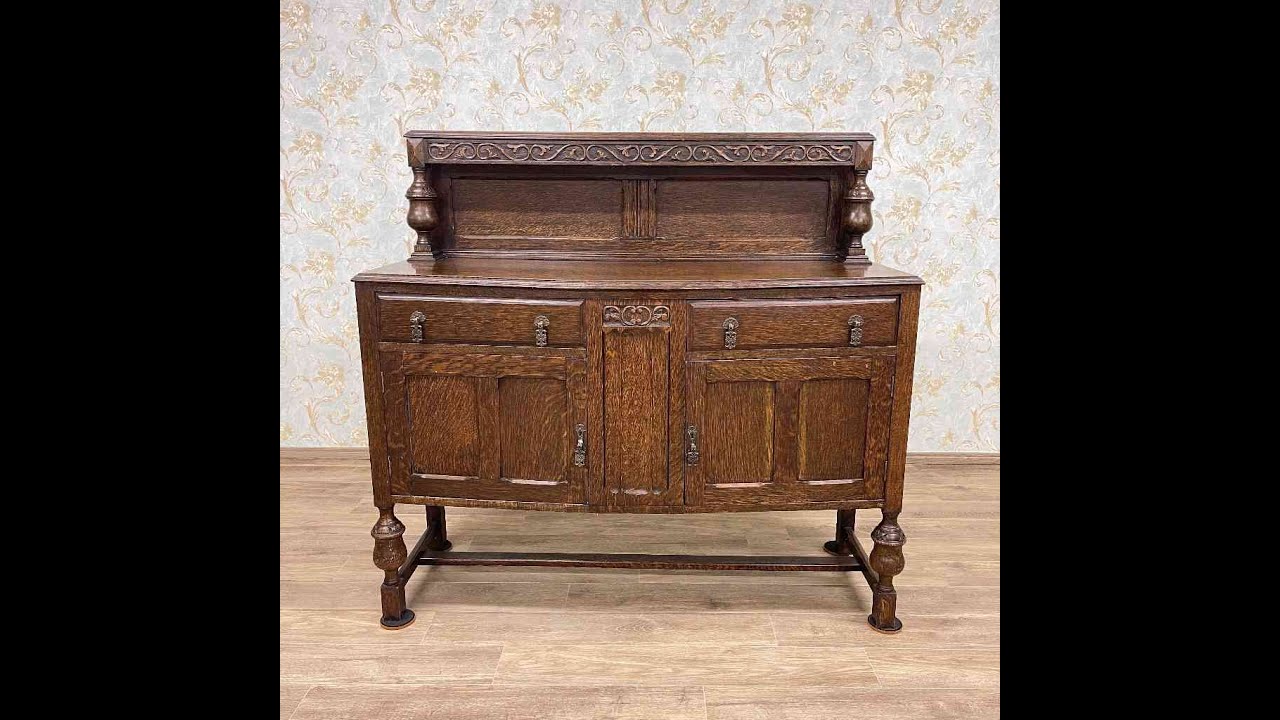 イギリス アンティーク オーク材 ブルボーズレッグ 彫刻 サイドボード