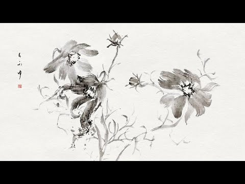 水墨画 花の絵x4 （春夏秋冬）テンキョク作 水墨画 花の絵x4 （春夏