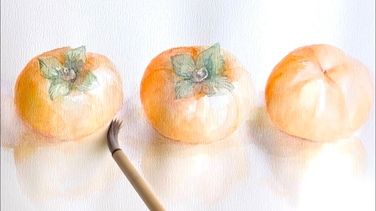 水彩画「柿実るころー白壁土蔵」