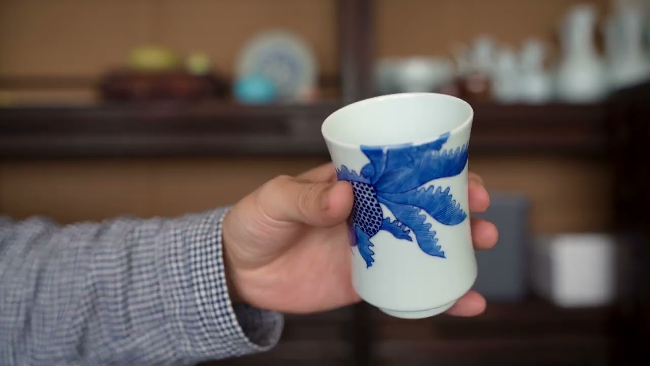 平安竹泉 青華染付 雙鱼紋樣 四角盃 茶道具 平安竹泉 青華染付 雙鱼