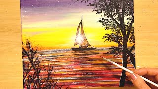 ミャンマー 有名画家 Soe Aung 漁船と夕日 絵画 ミャンマー 有名画家