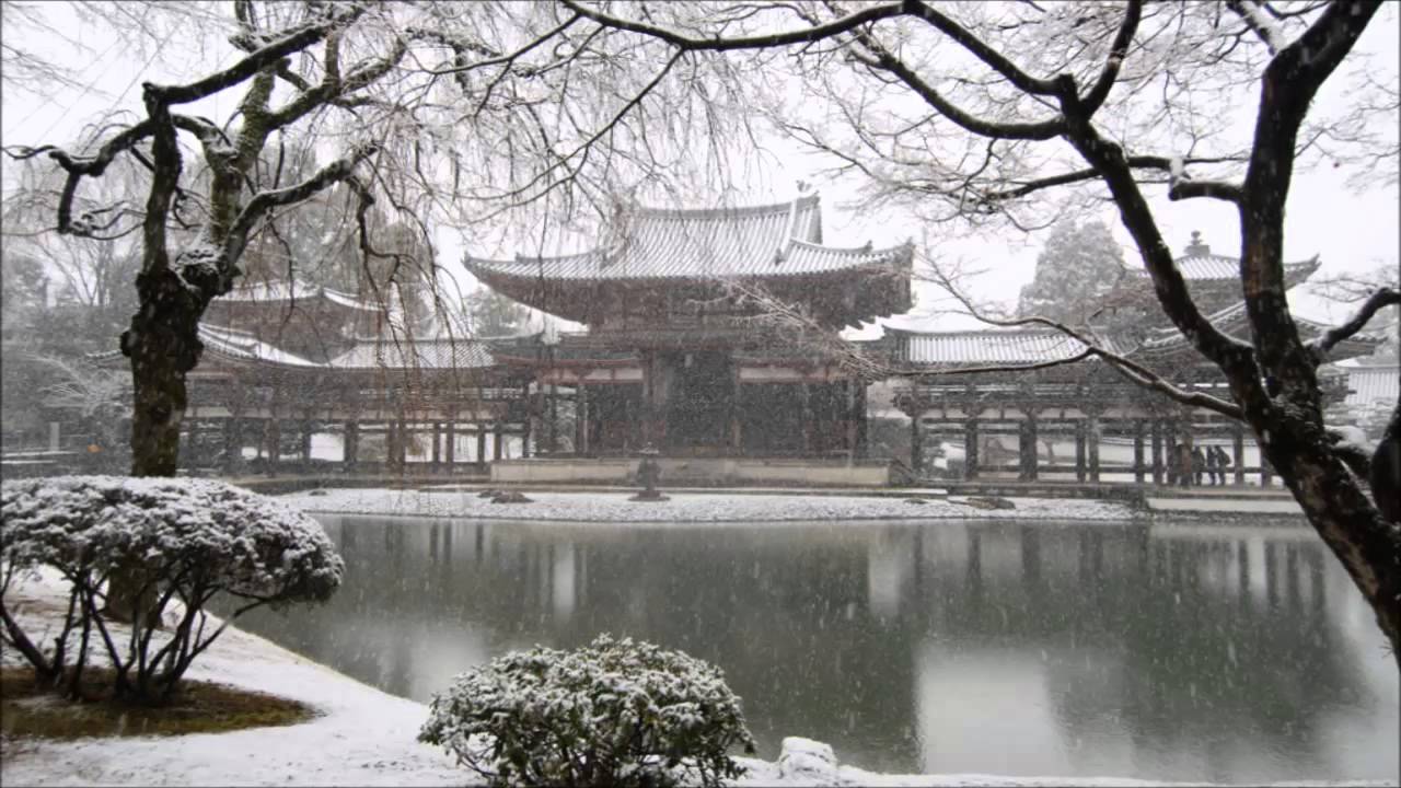 鳳凰堂雪景図】井上黎明 992 宇治平等院 京都 共箱 掛け軸 肉筆 鳳凰堂