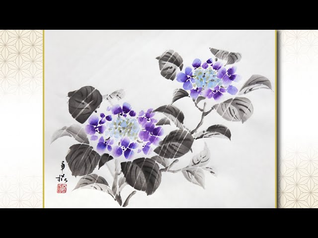 水墨画 在銘 花鳥図 紫陽花と雀 額装 あじさい 縦72㎝ 横85㎝ F35号