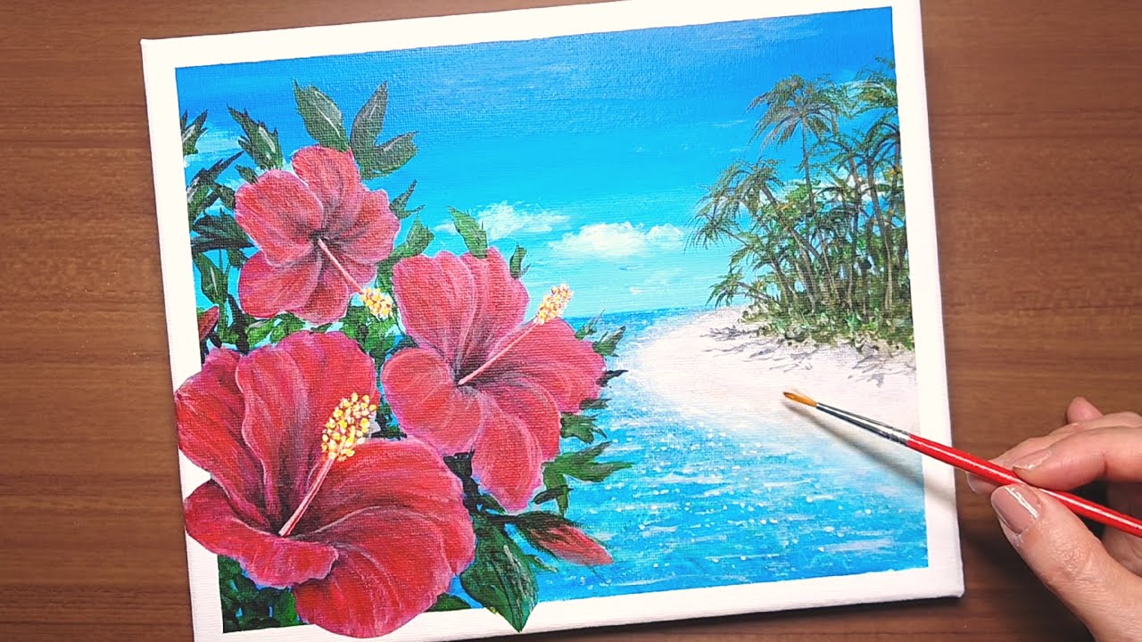 How to draw [Hibiscus] with acrylic paint / Tropical island and