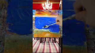 油絵 油彩 油彩画 絵 絵画 【水平線に沈む夕日】A4 油絵 油彩 油彩画