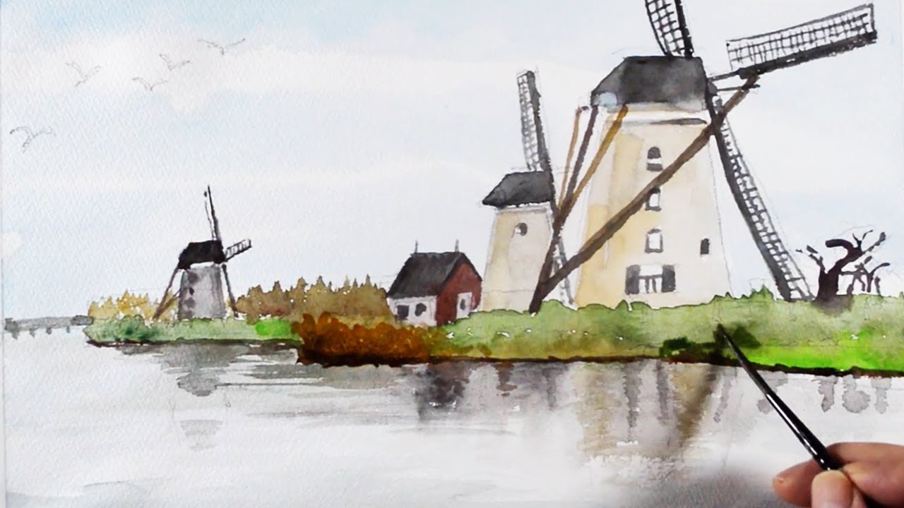 水彩画 watercolor 「風車のある風景」Landscape with windmill - YouTube