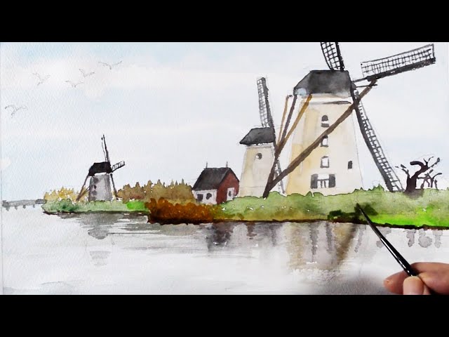 3軒の家の風景画（水彩画）（720×630） 3軒の家の風景画（水彩画