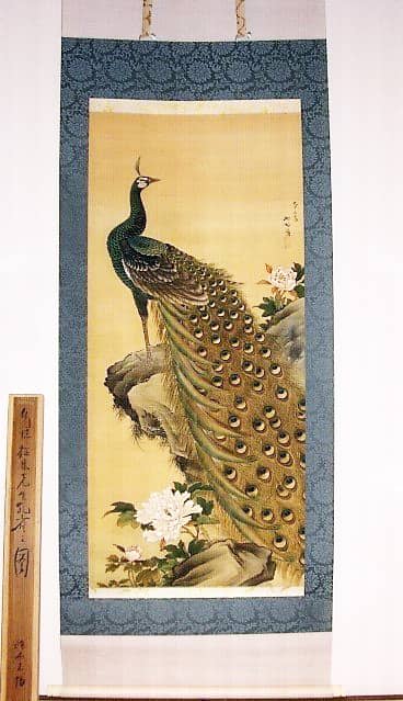 真作】中井玉鳳/孔雀図/牡丹に孔雀/掛軸/名家伝来/AA-884 真