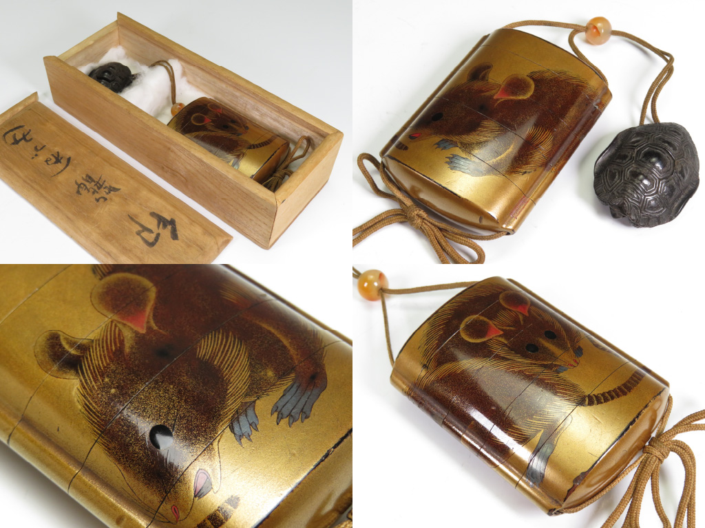 時代物 秋草蒔絵 象嵌細工 印籠 根付 時代物 秋草蒔絵 象嵌細工 印籠