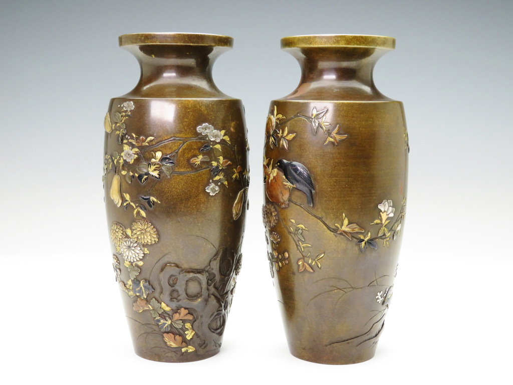 1466】明治金工美術品 宮部篤良作品保証 金銀高肉象嵌菖蒲紋 銅花瓶