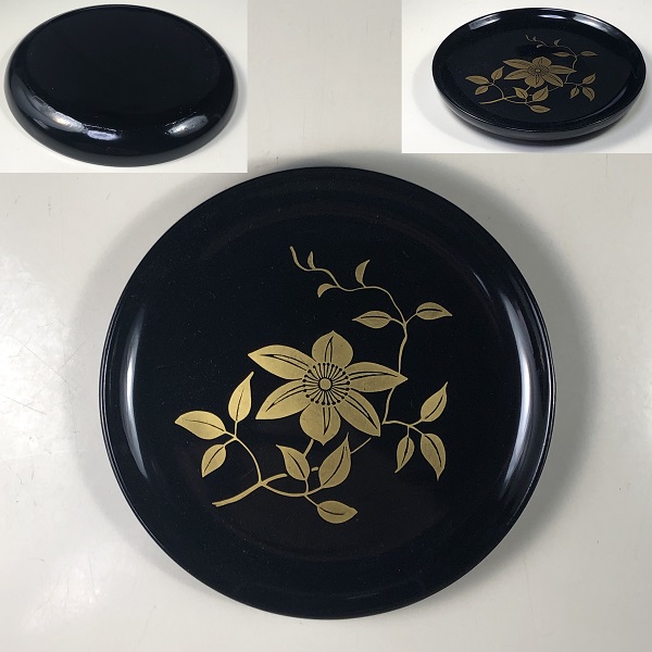 会津塗 木製盆 花の蒔絵 落款あり 会津塗 木製盆 花の蒔絵 落款あり