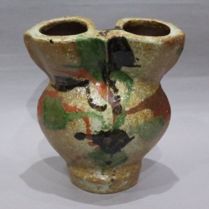 やまちゃん河井寛次郎作青白藁灰釉結晶文八寸三ツ足高台鉢