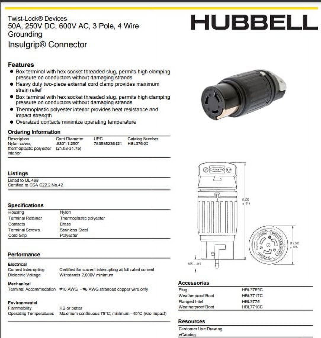その他 HUBBELL HBL83001 Locking female cable connector, power in