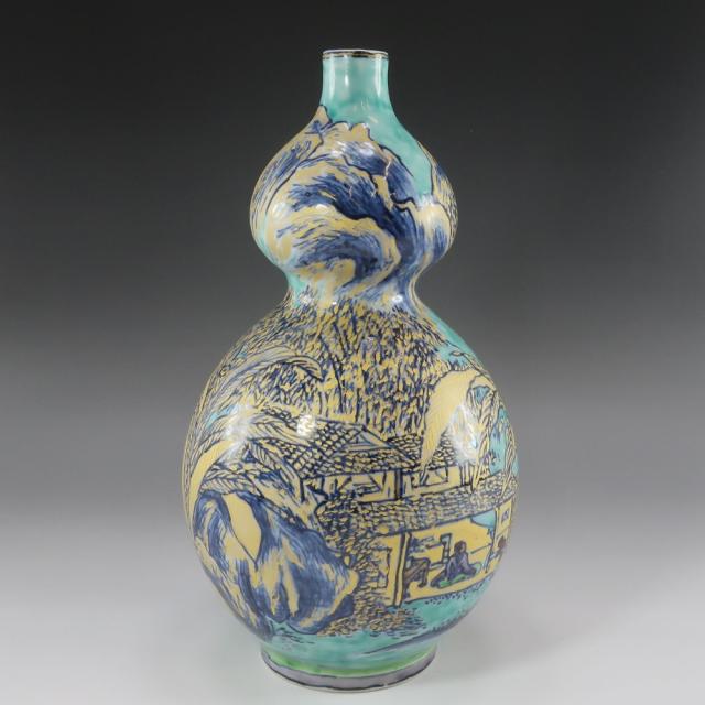 五代 清風与平 緑地金彩山水図瓢花瓶 陶磁器 花瓶 _ 【中古