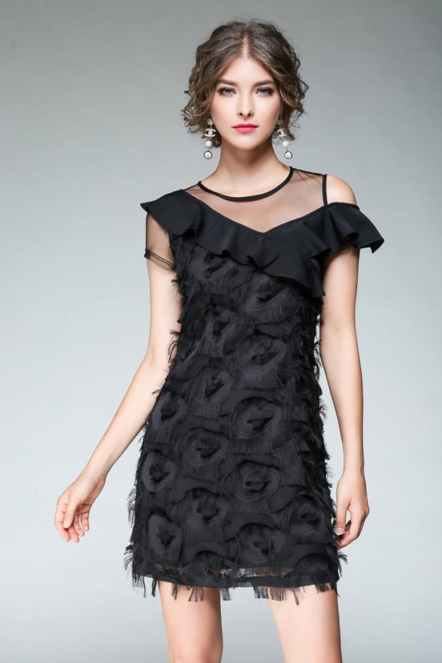 大人コーデ セレブ風 ブラック ミニドレス シフォン アシンメトリー