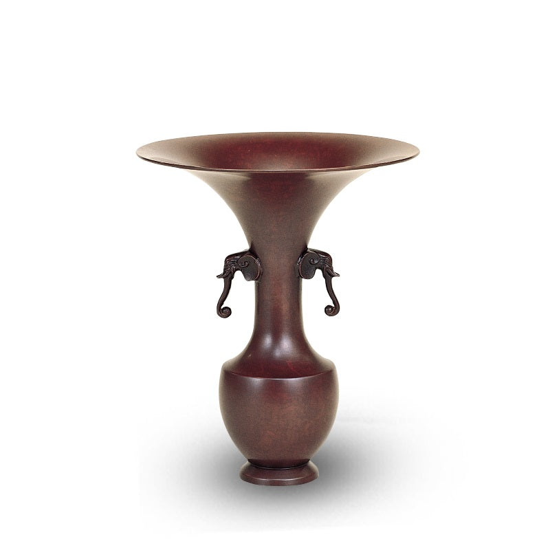 銅製 六角双耳飾花器 手彫唐木花台付 /金属工芸 唐銅 斑