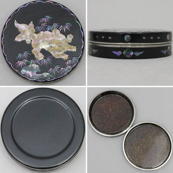 青貝香合 牡丹唐獅子模様 錫縁