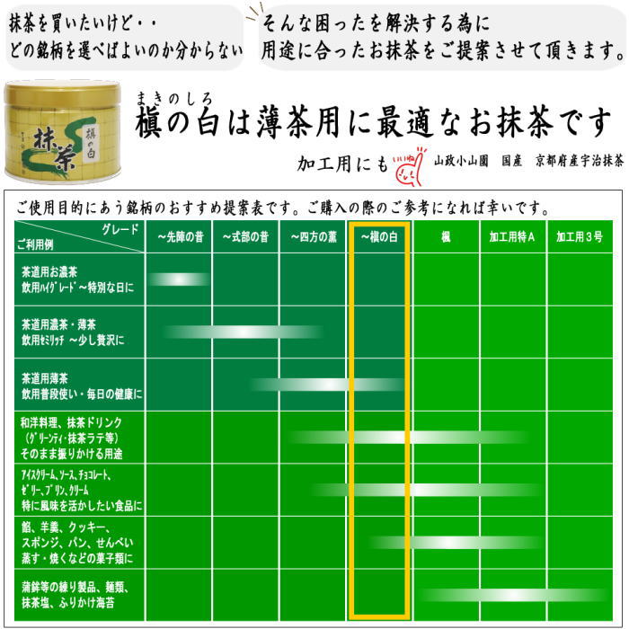 抹茶/MATCHA/powdered grenn tea】 槇の白 150g入り 山政小山園 薄茶用