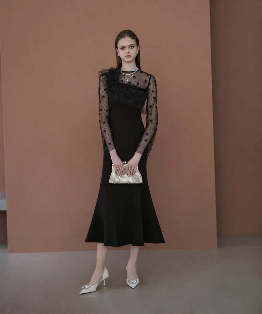 フラワーモチーフアシンメトリーチュールマーメイドワンピースドレス