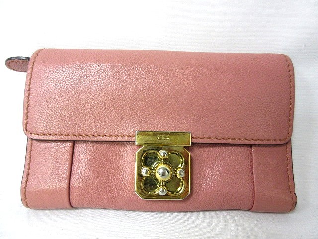 クロエ CHLOE 財布 三つ折り 回転 金具 レザー Gカード有 ピンク