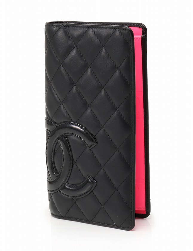 シャネル CHANEL カンボンライン 長財布 二つ折り 黒 ブラック ピンク