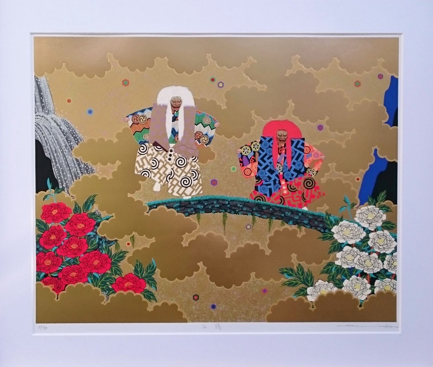 手作り額付きシルクスクリーン応用絵画 title「引き寄せニャンコ