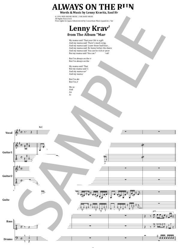 楽譜】LENNY KRAVITZ / Always on the Run バンド・スコア from68