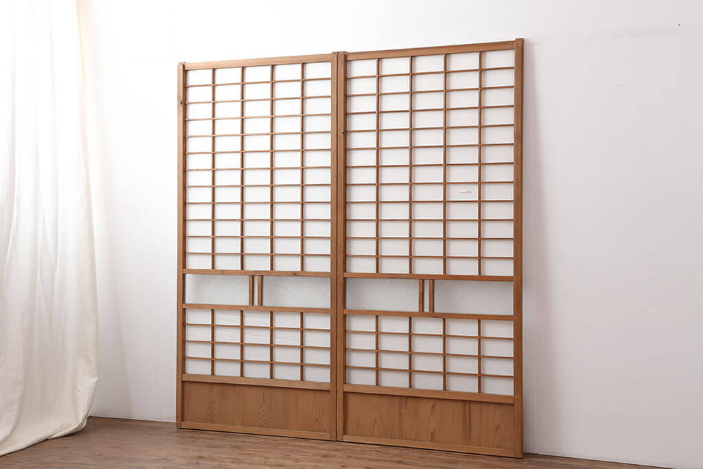 アンティーク昭和レトロ建具障子木製葉と鳥の彫刻付き